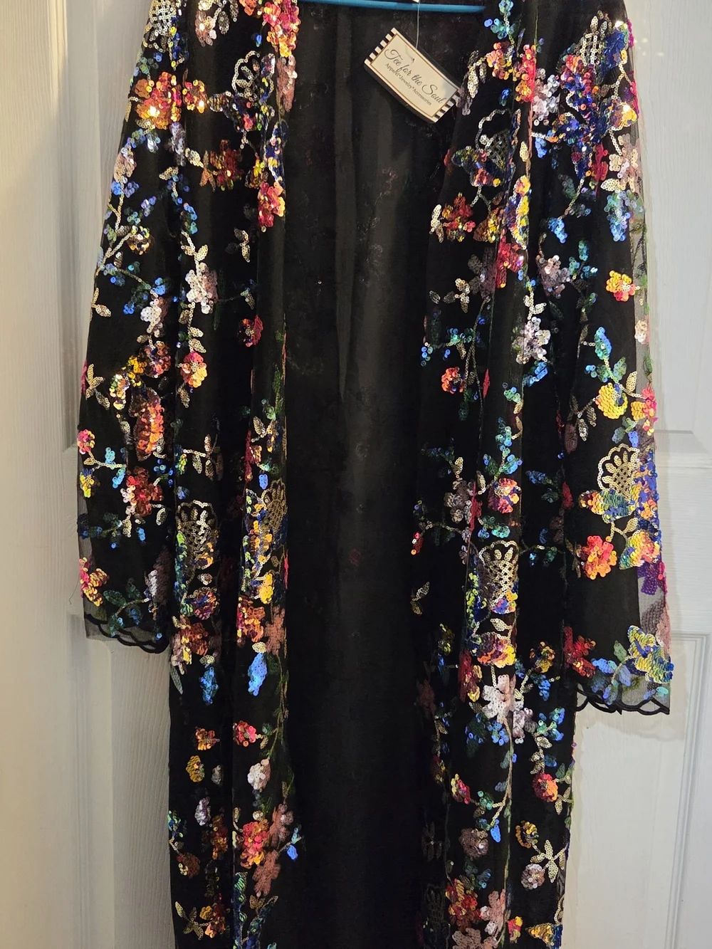 Embroidered Floral Sequin Kimono Robe - Black Multicolor